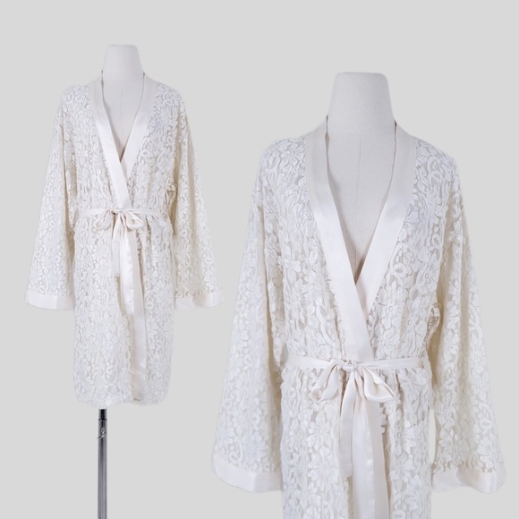 Vintage Lace Robe Bell Sleeve Long belted peignoir satin angel kimono duster - Picture 6 of 17